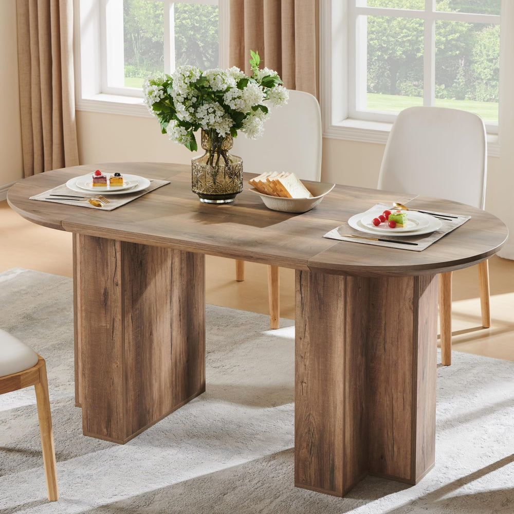 63-Inch Oval Dining Table for 4-6 | Wood-Grain Top & Metal T-Base