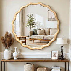 Wavy Round Wood Wall Mirror with Scalloped Frame