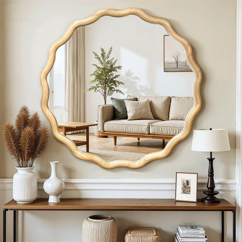 Wavy Round Wood Wall Mirror with Scalloped Frame