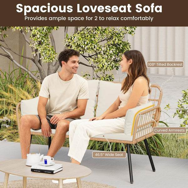 2-Seater Outdoor PE Rattan Loveseat Sofa with Cushions