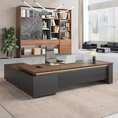 L-Shaped Executive Desk with LED Accent Light, Locking Drawers & 3-in-1 Charging Station