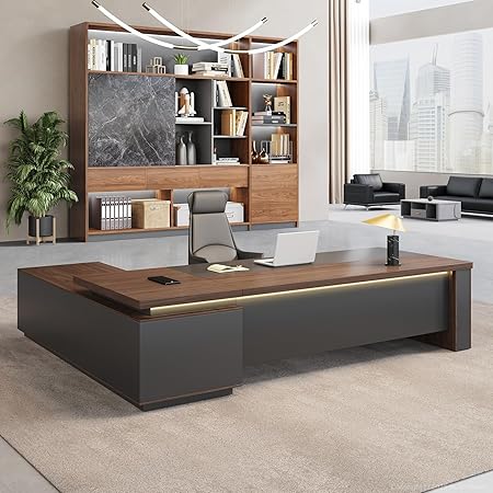 L-Shaped Executive Desk with LED Accent Light, Locking Drawers & 3-in-1 Charging Station