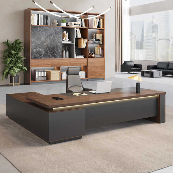 L-Shaped Executive Desk with LED Accent Light, Locking Drawers & 3-in-1 Charging Station