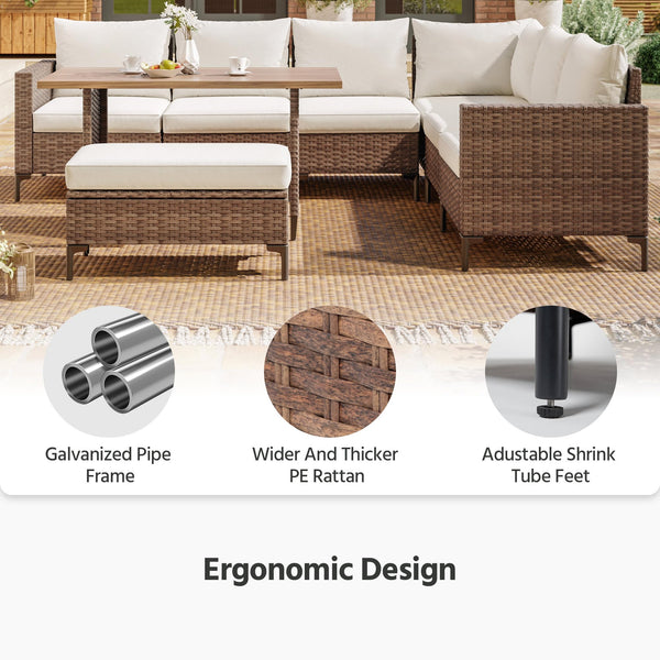 8-Piece Outdoor Patio Sectional Furniture Set with Adjustable Backrests & Storage Ottoman