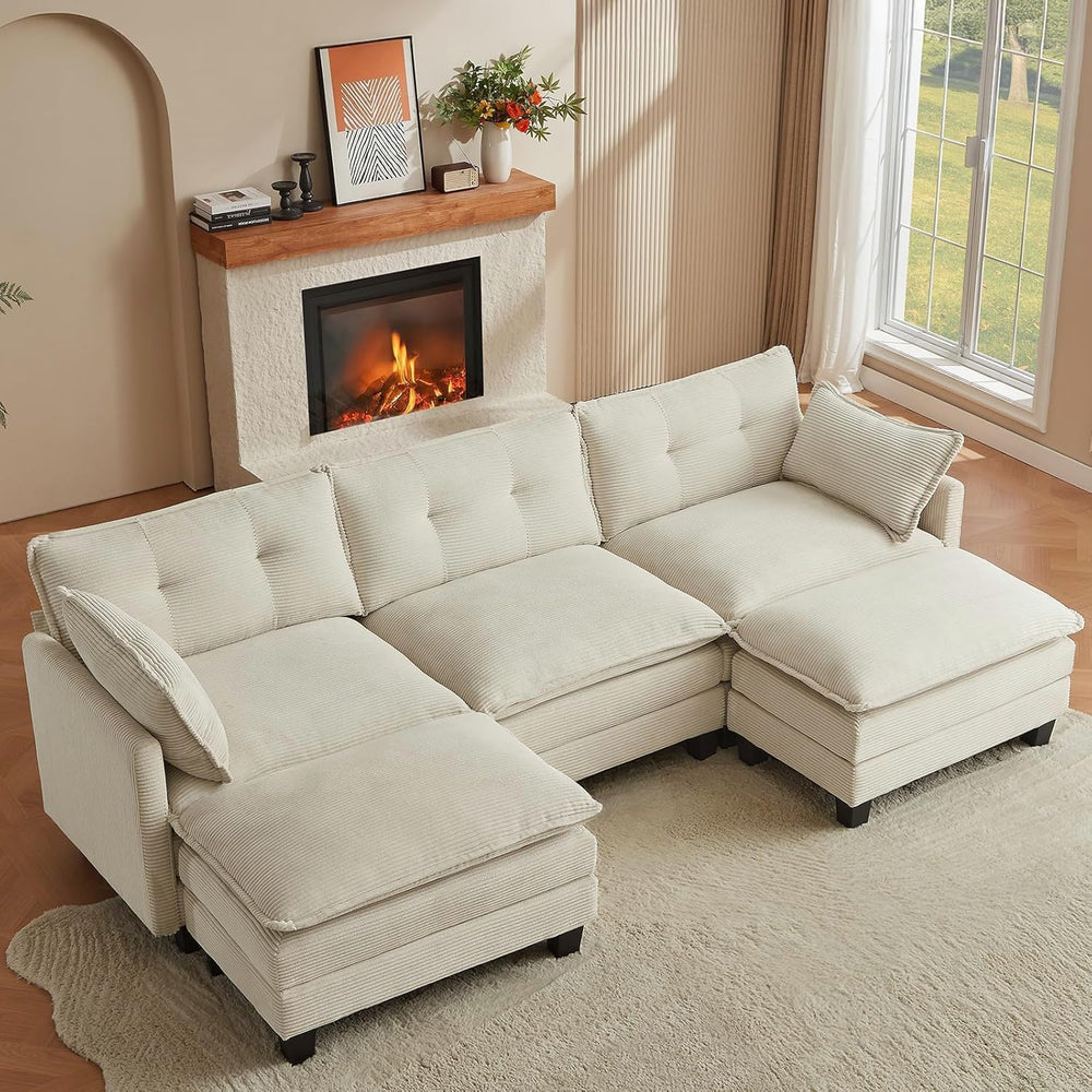 U-Shaped Modular Sectional Sofa with 2 Ottomans – 111.5" Corduroy Cloud Couch