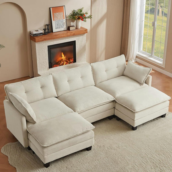 U-Shaped Modular Sectional Sofa with 2 Ottomans – 111.5" Corduroy Cloud Couch