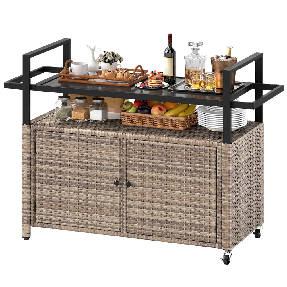 Outdoor Bar Cart with Storage Cabinet & Glass Top
