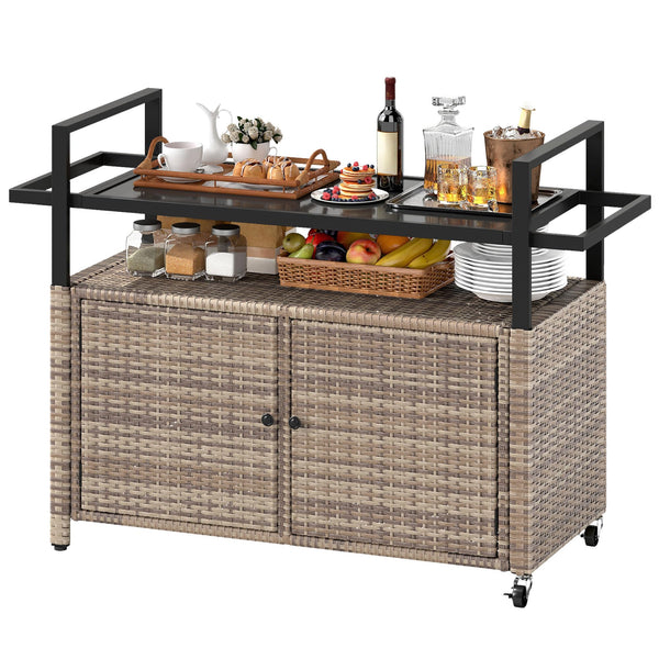 Outdoor Bar Cart with Storage Cabinet & Glass Top