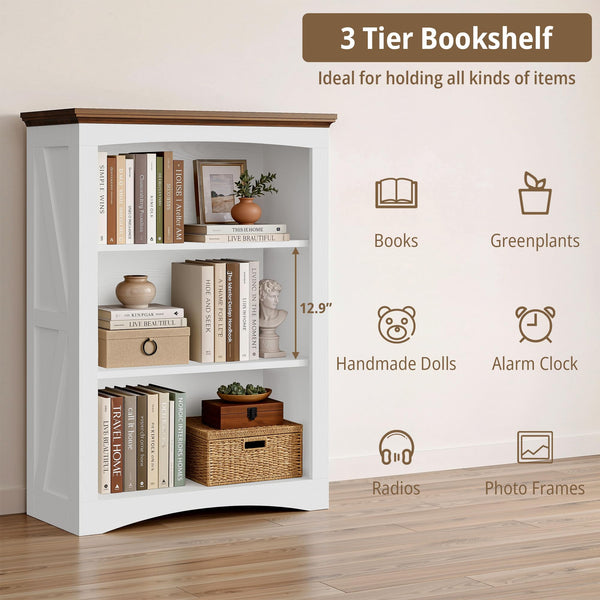 3-Tier Farmhouse Bookshelf, 43" Tall Wide Floor Standing Bookcase