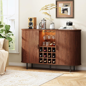 55" Wine Bar Cabinet with LED Light, Wine Rack & Glass Holder