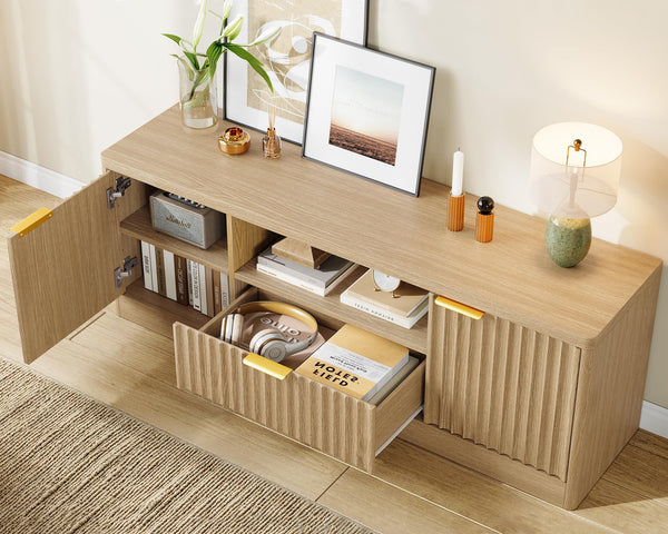 Modern Fluted TV Stand with Drawer, Cabinet & Open Shelf