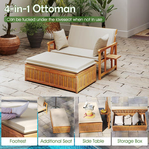 Acacia Wood Outdoor Daybed Set with Adjustable Backrest & Storage Ottoman