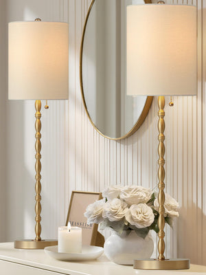 Brass Buffet Table Lamps Set of 2 with Linen Shade – 28.5" Tall