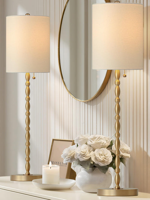 Brass Buffet Table Lamps Set of 2 with Linen Shade – 28.5" Tall