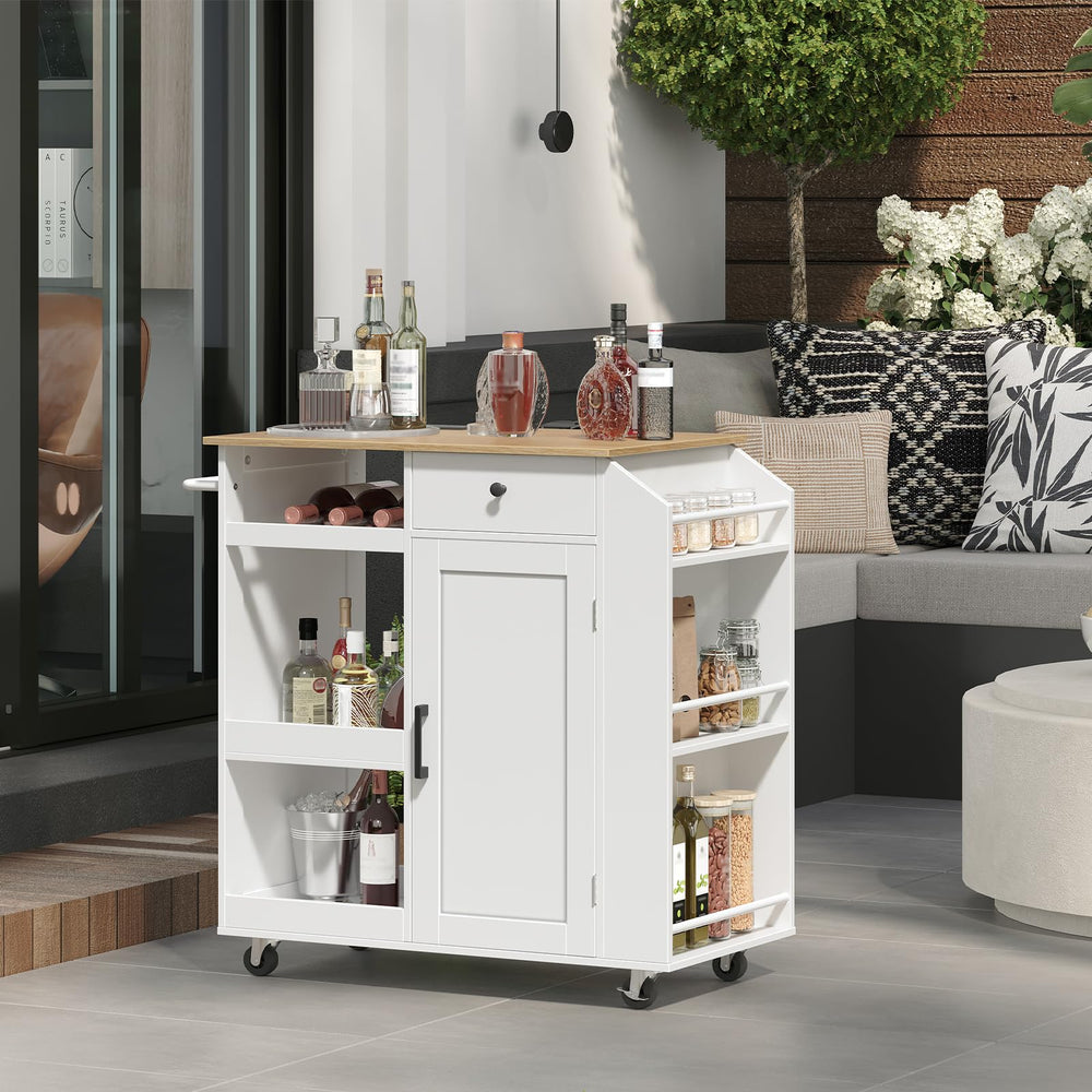 Rolling Kitchen Island Cart with Power Outlet, Drawer, Wine Rack & Spice Rack