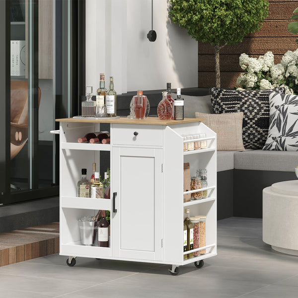 Rolling Kitchen Island Cart with Power Outlet, Drawer, Wine Rack & Spice Rack