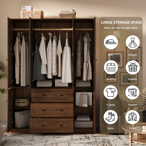 4-Door Freestanding Wardrobe Armoire with Drawers & Hanging Rods