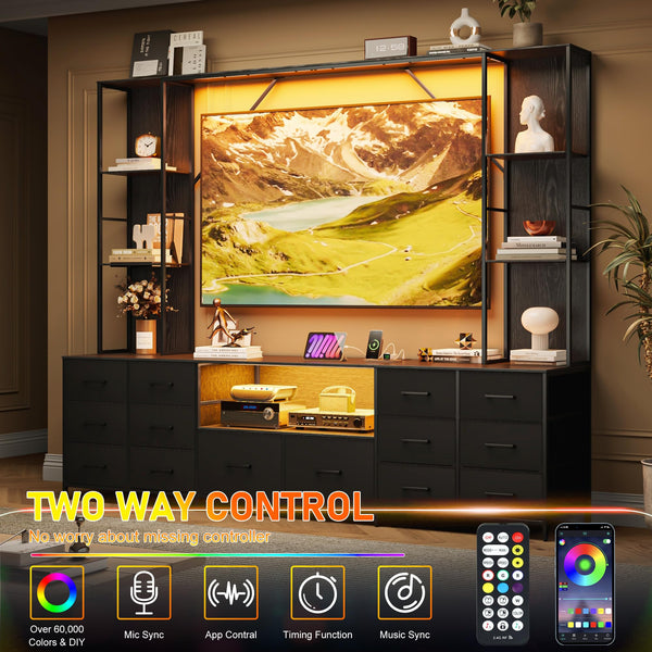 96" Wall Unit Entertainment Center with 14 Fabric Drawers, LED Lights & Power Outlets