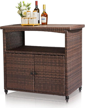 Wicker Outdoor Bar Table with Steel Shelves and Wine Glass Rack