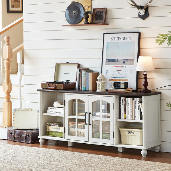 Farmhouse TV Stand with Glass Doors & Storage