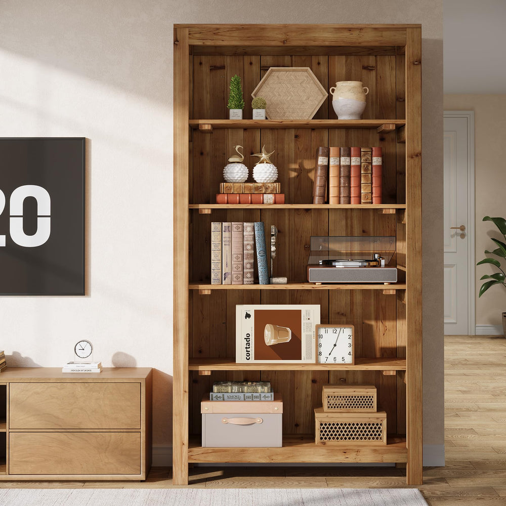5-Tier Solid Wood Bookcase with Display Shelves
