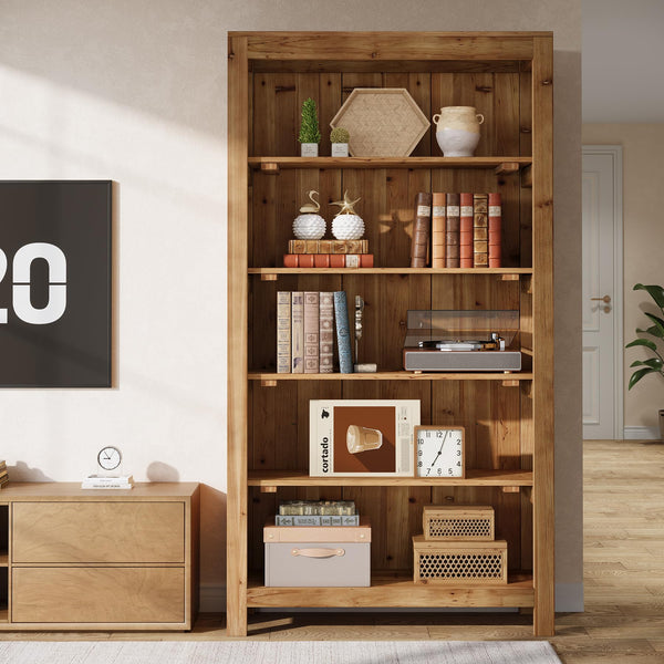 5-Tier Solid Wood Bookcase with Display Shelves