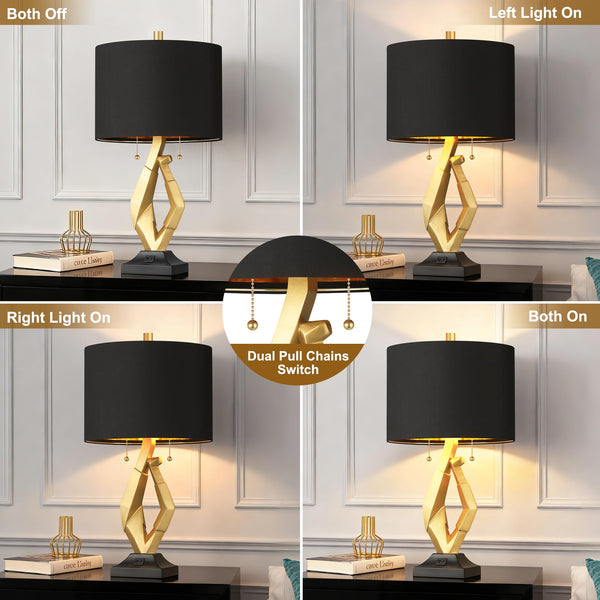 Gold & Black Sculptural Table Lamps Set of 2 with USB Ports