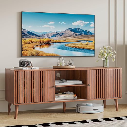 Mid Century Modern TV Stand with Sliding Doors and Storage