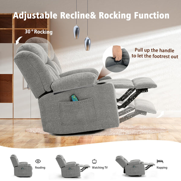Overstuffed Rocker Swivel Recliner Chair with Massage & Heat