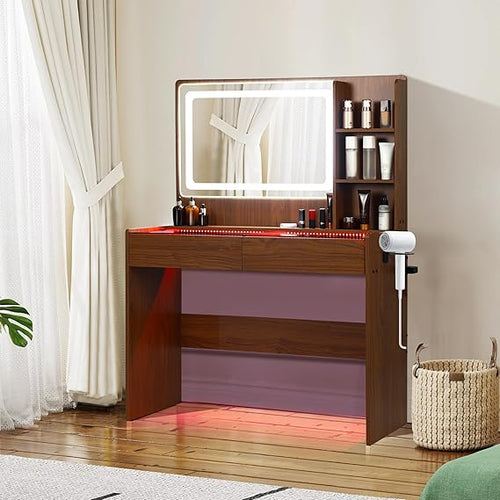 Vanity Desk with Mirror, LED Lights, 2 Drawers & Power Outlet