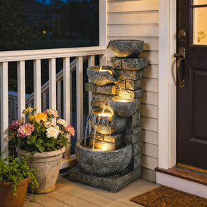 Outdoor Water Fountain with LED Lights – 5-Tier Cascading Waterfall, 31.5" Tall, Stone Gray