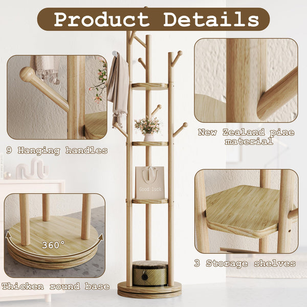 Freestanding Rotating Wood Coat Rack with Shelves and Hooks