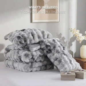 Faux Rabbit Fur Bubble Comforter Set with Pillowcases
