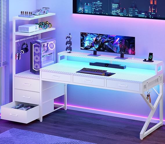 L-Shaped Gaming Desk with 6 Drawers, LED Lights & Power Outlet