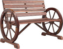 Rustic Wagon Wheel Outdoor Wood Bench – 2-Person Slatted Seat with Backrest