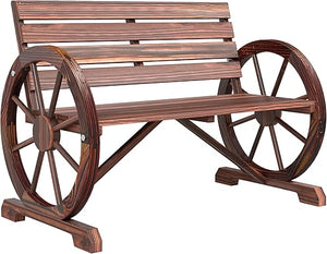 Rustic Wagon Wheel Outdoor Wood Bench – 2-Person Slatted Seat with Backrest
