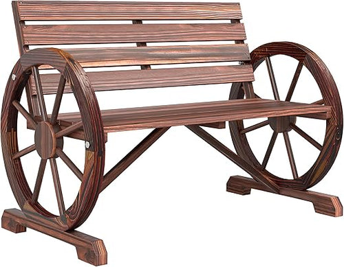 Rustic Wagon Wheel Outdoor Wood Bench – 2-Person Slatted Seat with Backrest