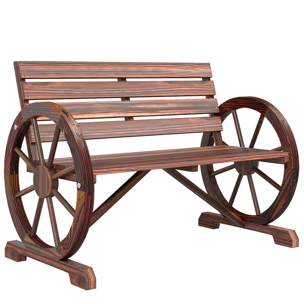 Rustic Wagon Wheel Outdoor Wood Bench – 2-Person Slatted Seat with Backrest