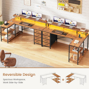 L-Shaped Desk with Drawers, LED Lights & Power Outlets