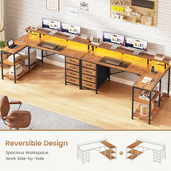 L-Shaped Desk with Drawers, LED Lights & Power Outlets