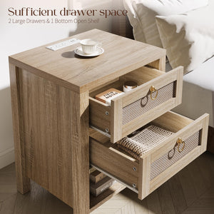 Rattan Nightstand with Charging Station and Storage Drawers