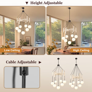 Wood & Glass Farmhouse Chandelier – 7-Light Dining Room Pendant