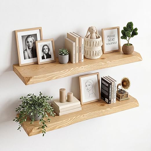 Solid Wood Floating Wall Shelves – Set of 2