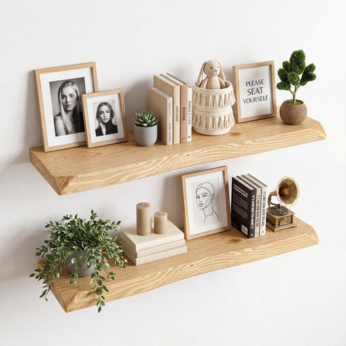 Solid Spruce Wood Floating Wall Shelves – Rustic Live Edge, Set of 2