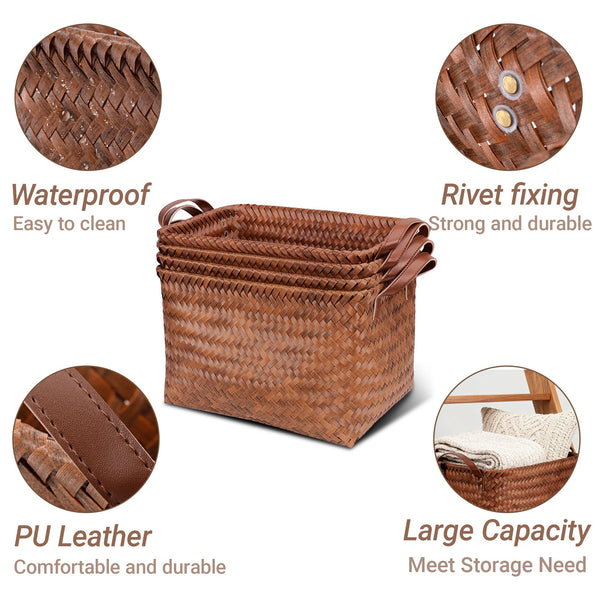 Woven Storage Baskets with Leather Handle