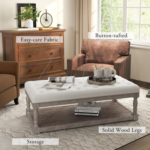 Rectangular Tufted Ottoman Coffee Table with Storage Shelf