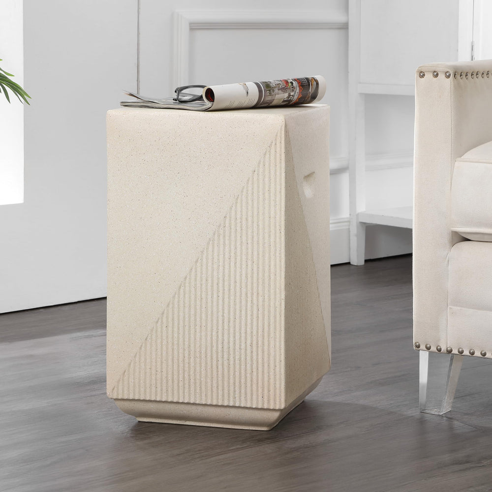 Polyresin Outdoor Side Table – Geometric Fluted Accent Table