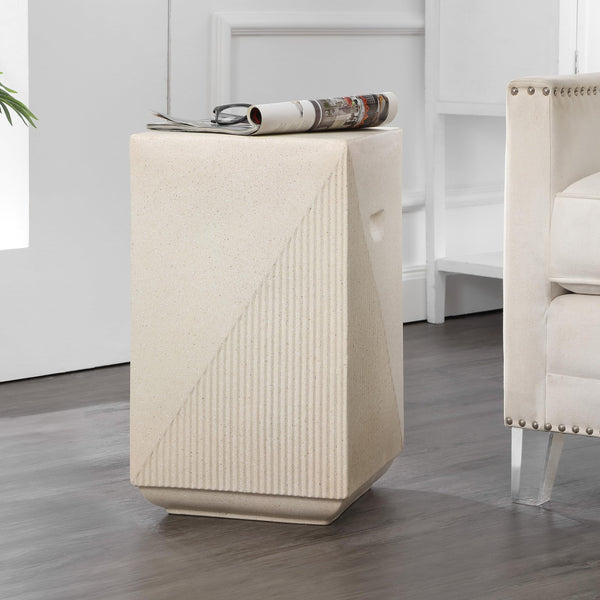 Polyresin Outdoor Side Table – Geometric Fluted Accent Table