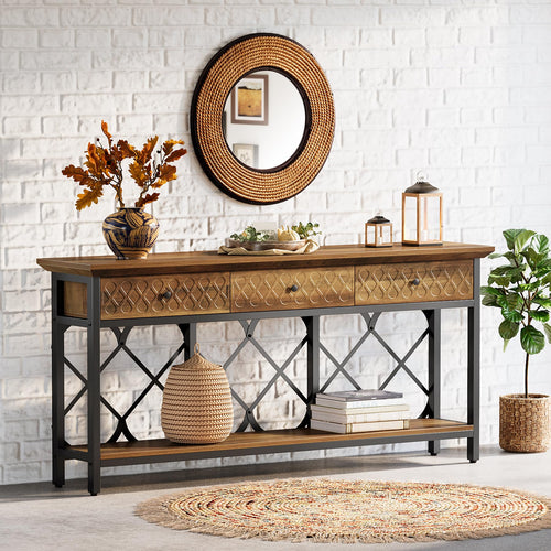 70.86" Industrial Console Table with 3 Drawers & Open Shelf