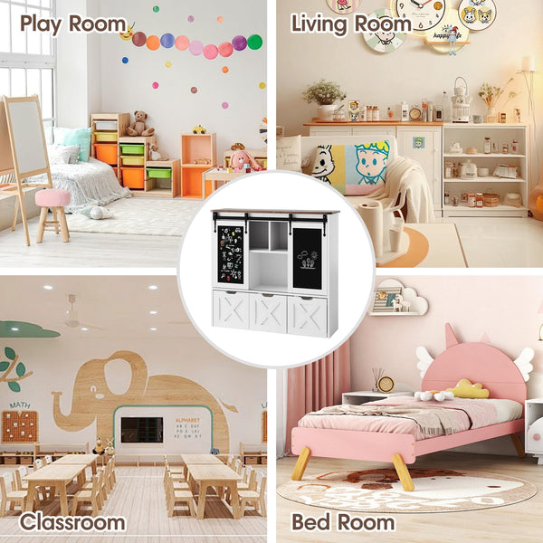 Kids Toy Storage Cabinet with Sliding Chalkboard & 3 Drawers